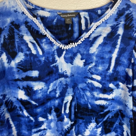 Tommy Bahama Celeste Palm Linen Blue White Tie Dye Tunic Top - Picture 4 of 5